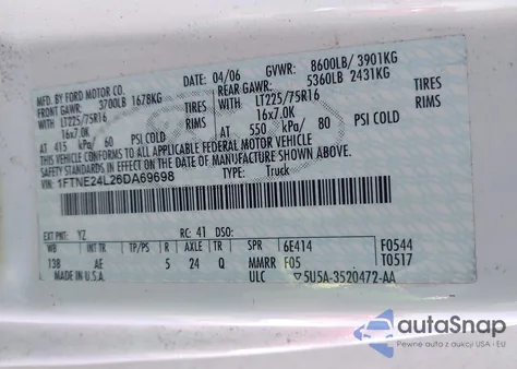 2006 Ford E-250 Commercial/Recreational from USA, damaged, VIN 1FTNE24L26DA69698